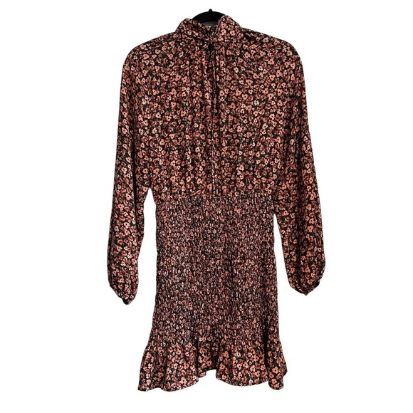 Zara Dark Floral Smocked High Neck Long Sleeve Ruffle Hem Mini Dress Size M - Picture 2 of 13